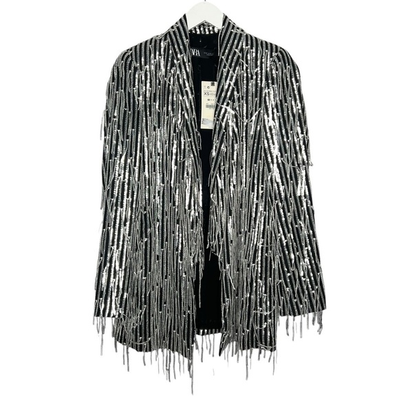 Zara Fringe Sequined Blazer Silver Size XS NEW - Picture 8 of 16